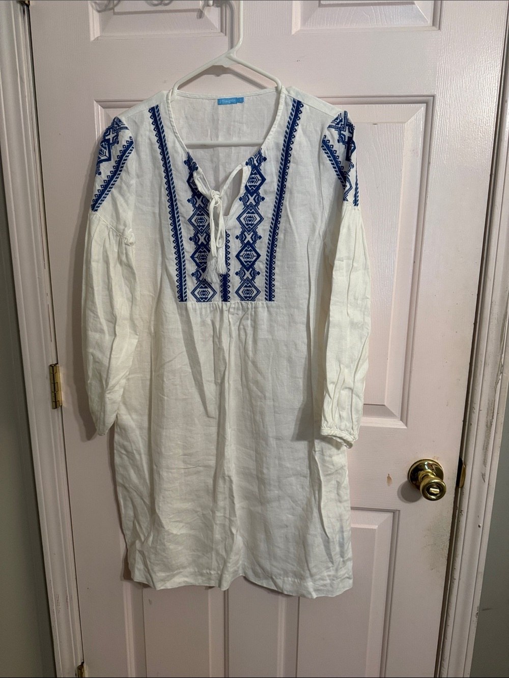 J. McLaughlin White Midi Dress with Blue Embroidery